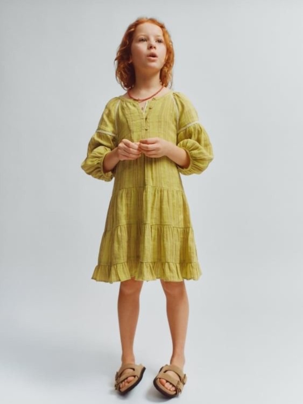 Zara Girls' 8-9Y Mustard Tiered Cotton Linen Blend Dress